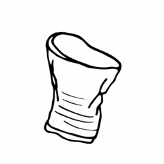 Outline and colorful element plastic pollution. Crumpled plastic cup. Symbol of problem globe pollution. Cartoon hand-drawing style. Garbage and trash object.