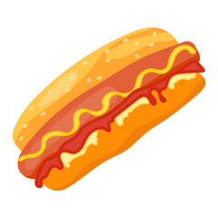 Hot dog, realistic hot dog icon with sausage, mustard and bun isolated on white background. Vector illustration.