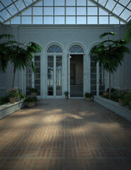 Inside an orangery with palm trees and other plants and an opened door on a sunny summer day. 3D render.