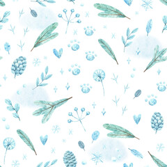 Fototapeta na wymiar Christmas seamless texture with traditional winter natural elements - fir branches, blue leaves, snowflakes. Watercolor hand-drawn texture for wrapping paper, textile or greeting cards