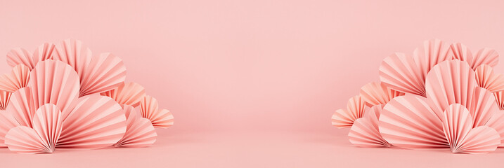 Sweet happiness Valentine day banner with scene mockup - pink origami paper hearts on pastel pink...