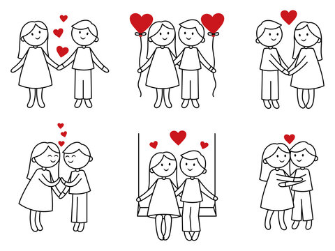 Set of doodle couple with heart. Collection of illustrations of a loving young couple. Love story. Future family. Colorful illustration for the children. People in love. Relationship. 
