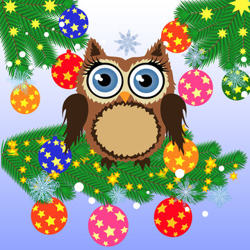Lovely cartoon owl tangled in a garland of glowing light bulbs on a spruce branch decorated with balls, garlands. Christmas card