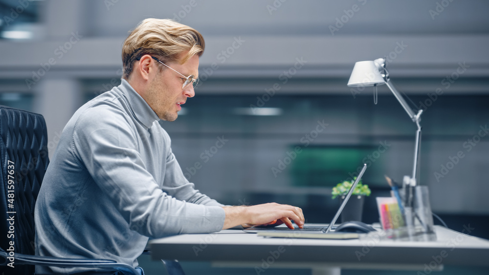 Poster modern office: portrait businessman sitting at his desk working on a laptop computer. man working wi