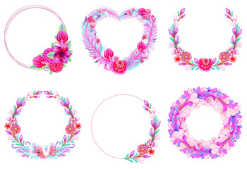 Set of floral wreaths with place for text. Hand drawn watercolor painting. Purple pink round border. Isolated illustration on a white background.