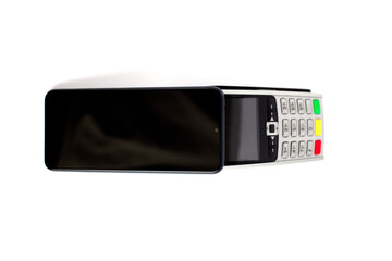 smartphone and pos terminal on white background using nfc technology