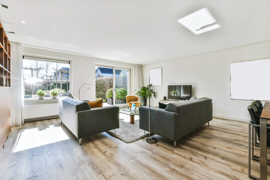 Stunning living room in daylight with wooden floor