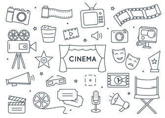 Cinema elements doodle set isolated.