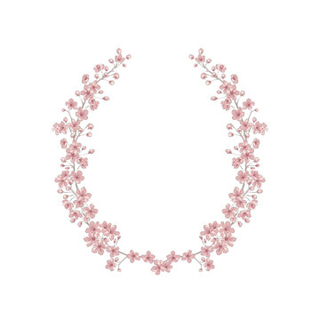 Sakura Cherry blossom hand drawn flower wreath vector illustration isolated on white. Vintage Romantic spring floral round frame. Botanical floral arrangement for Happy Easter design.
