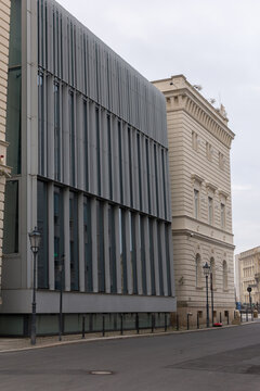 A walk in the center of Berlin near the Kronprinzenpalais, look at the embankment of the river Spree, Alte Kommandantur