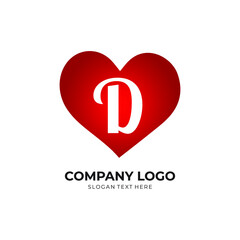 D letter logo with heart icon, valentines day love concept