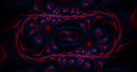 Abstract background of glowing fractal blue and red shapes.  Fantastic glowing fractal shapes. Holiday wallpaper. Digital fractal art. 3d rendering.