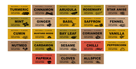 Spices and herbs stickers and labels. Different color packaging for food preparing and culinary. Bags with herbs. Rosemary, star anise, ginger, basil and mint organic product for selling vector set. 