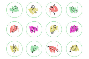 Story highlight icons set of doodle vegetables elements. Logo design for garden shop, eco product. Hand drawn vector illustration.
