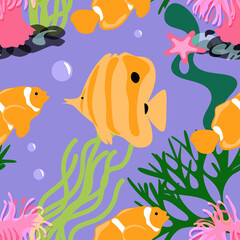 Fototapeta premium Butterfly fish, clown orange fish, seaweed, starfish in vector repeat seamless pattern on lilac background.