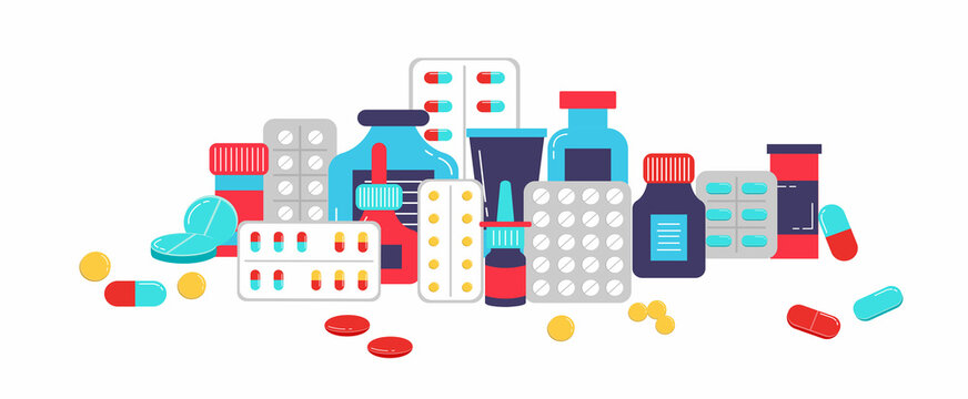 Various meds on white background. Different medical pills and bottles, healthcare and shopping, pharmacy, drug store. Web banner landing page. Vector illustration in flat style.