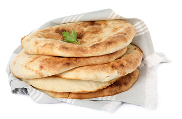 Delicious fresh pita bread with napkin on white background