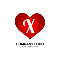 X letter logo with heart icon, valentines day love concept