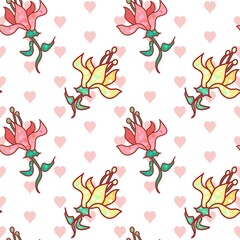 Pink And Yellow Floral Repeat Pattern On A Pink Heart Background