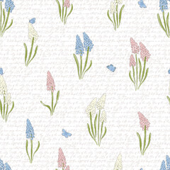 Grape Hyacinth flower and blue butterfly on calligraphic background hand drawn vector seamless pattern. Vintage Romantic Spring Garden Bloom background. Retro floral print for Easter spring design