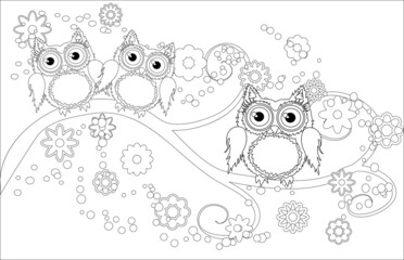 Coloring book for adult and older children. Coloring page with cute owl and floral frame. Outline drawing in zentangle style