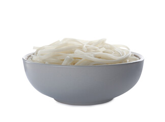 Bowl of tasty cooked rice noodles isolated on white