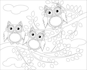 Coloring book for adult and older children. Coloring page with cute owl and floral frame. Outline drawing in zentangle style