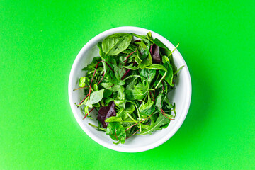 fresh green salad leaves mix healthy meal food snack on the table copy space food background rustic top view