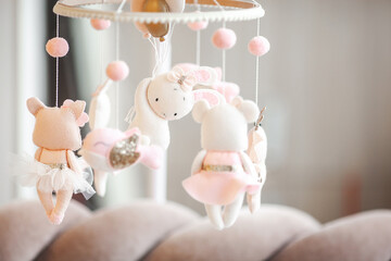 Baby`s mobile. Cute infant toy. Felt toy.