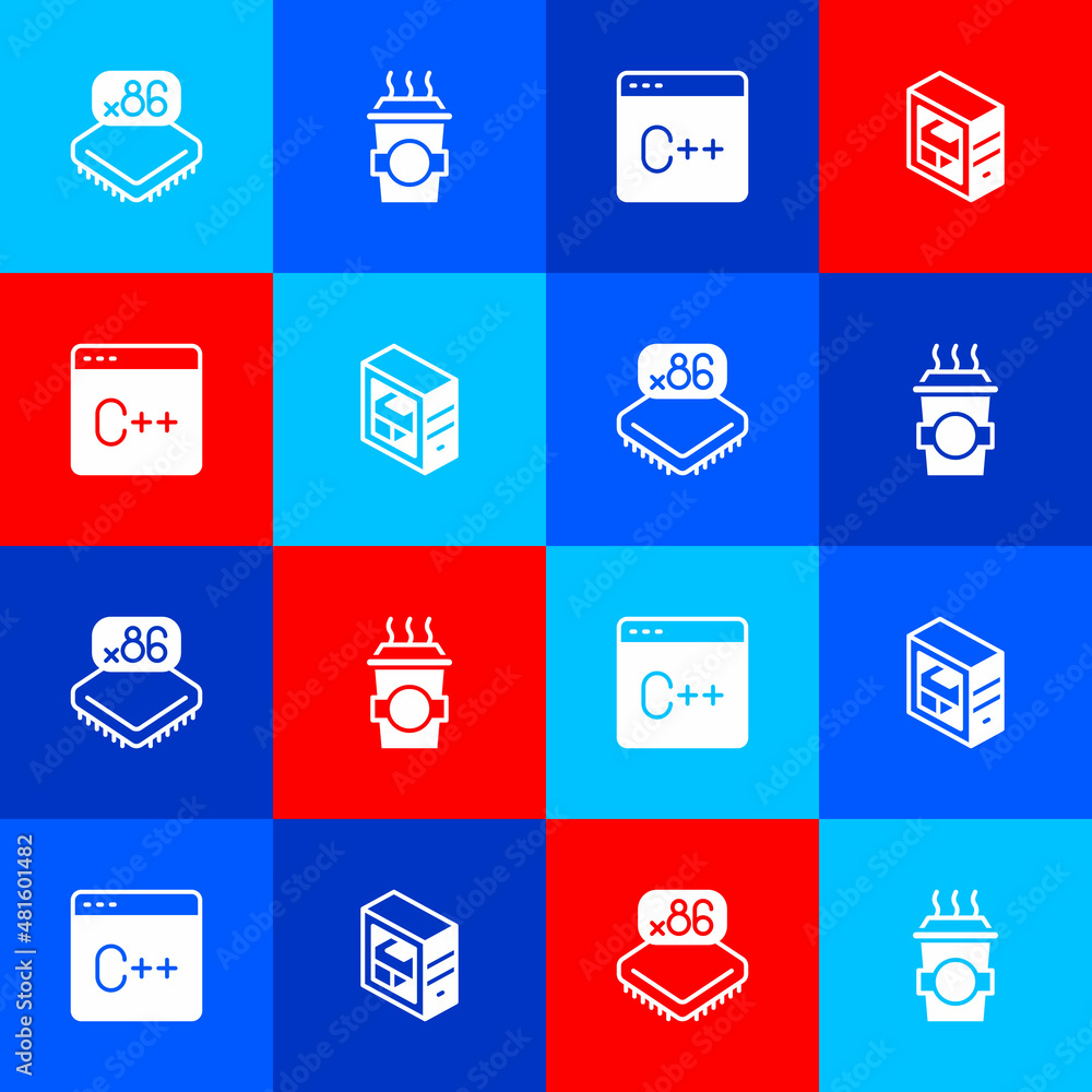 Poster set processor with microcircuits cpu, coffee cup to go, software and computer icon. vector