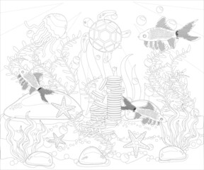Underwater world. Anti stress coloring book for adult. Outline drawing coloring page. Black and white in zentangle style. Sea, shells.