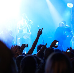 Making the memories last. Rearview of an audience with hands raised at a music festival.