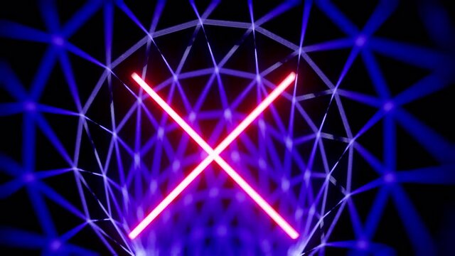 Flying through Glowing Neon Squid Game Signs, pink spectrum, 4k seamless loop cg animation
