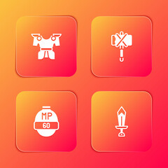 Set Body armor, Medieval axe, Video game bar and Sword for icon. Vector