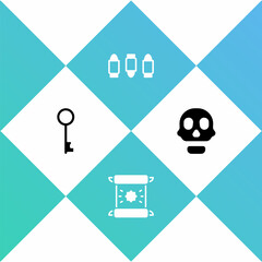 Set Old key, Decree, parchment, scroll, Bullet and Skull icon. Vector