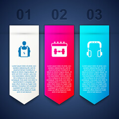 Set Bodybuilder, Calendar fitness and Headphones. Business infographic template. Vector