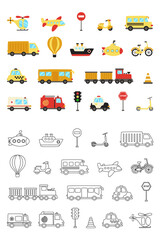 Set of cute cartoon transportation means. Black and white coloring set. © Milya Shaykh