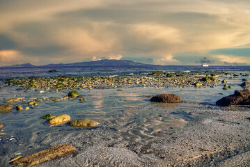 Early morning gas cloud volcanic eruption from TAAL volcano, the Philippines. Seen from Aninuan, Oriental Mindoro