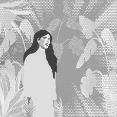 Ilustracja młoda kobieta motywy roślinne w czarno białym kolorze