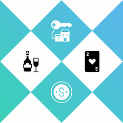Set Champagne bottle with glass, Coin money dollar, Winning house key and Playing card heart icon. Vector