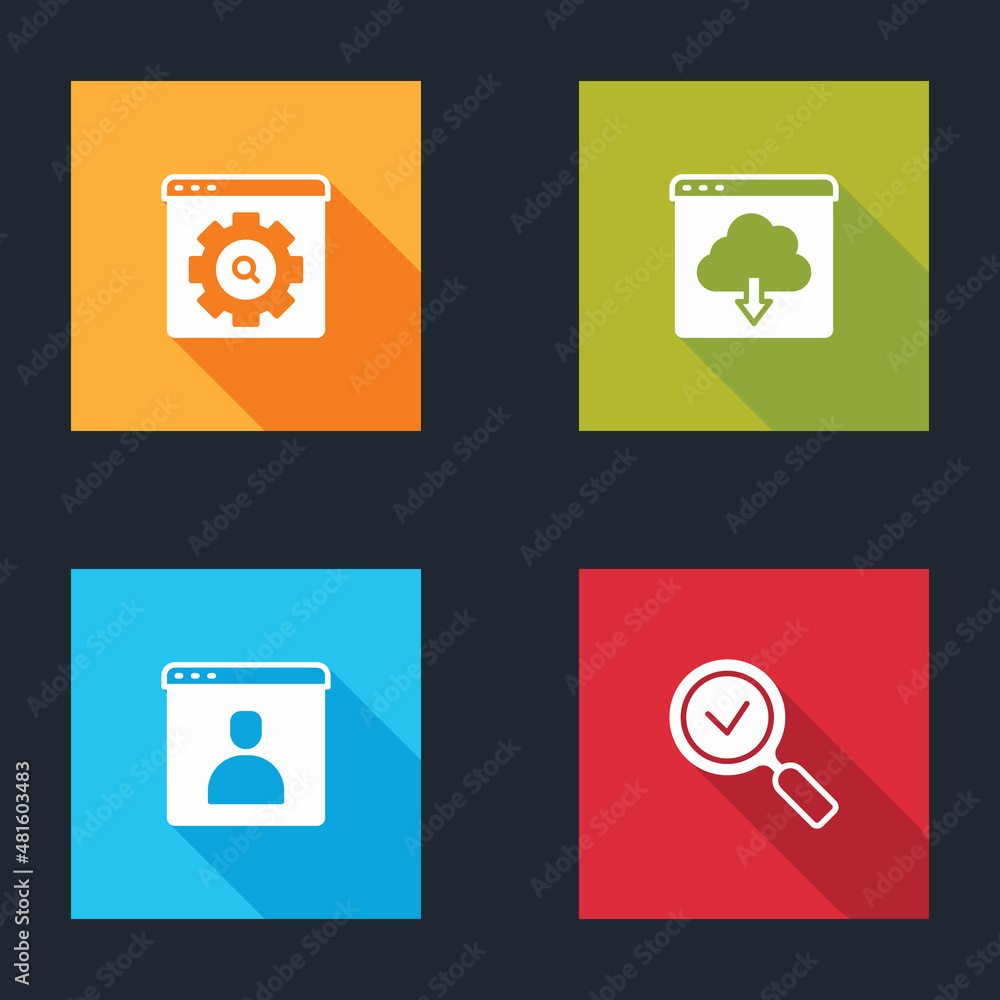 Poster set browser setting, cloud download, create account screen and magnifying glass with check mark icon