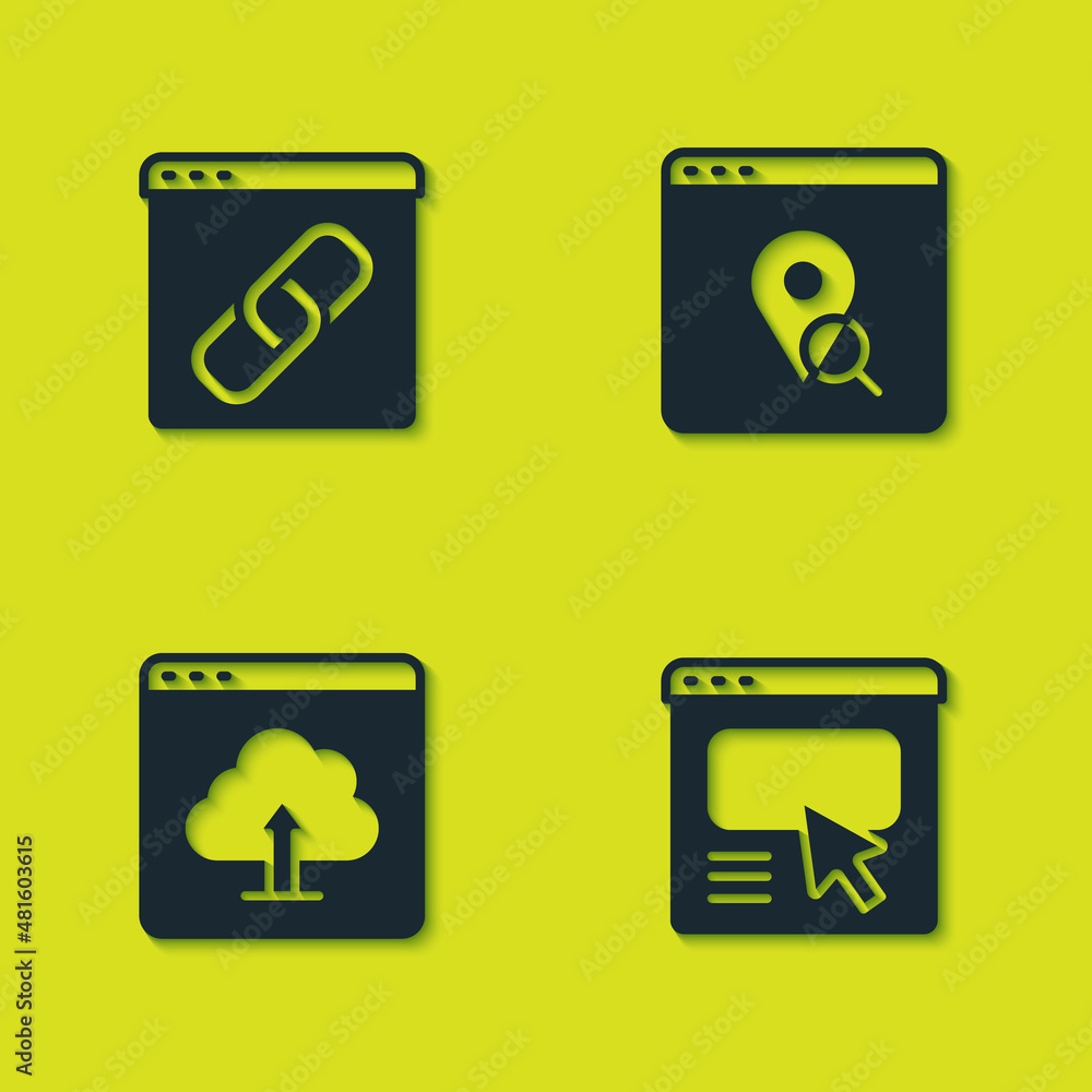 Poster set browser window, ui or ux design, cloud upload and infographic of city map icon. vector