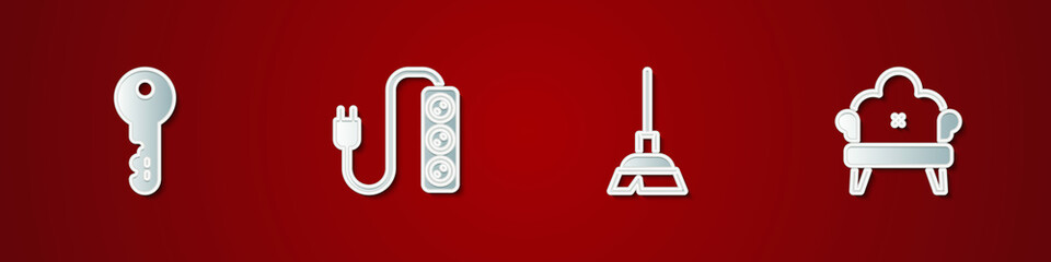 Set House key, Electric extension, Handle broom and Sofa icon. Vector