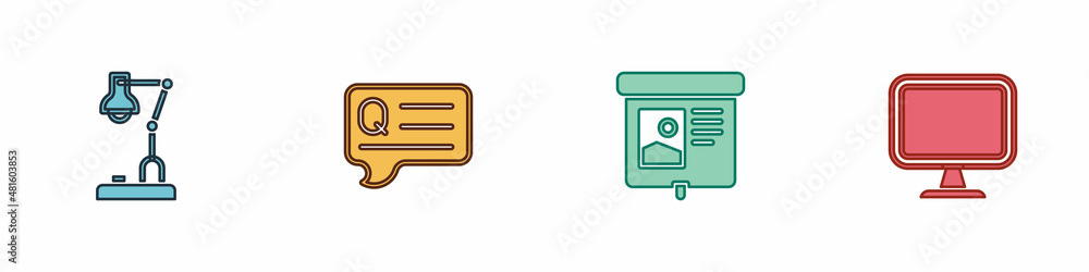 Poster set table lamp, speech bubbles with question, projection screen and computer monitor icon. vector