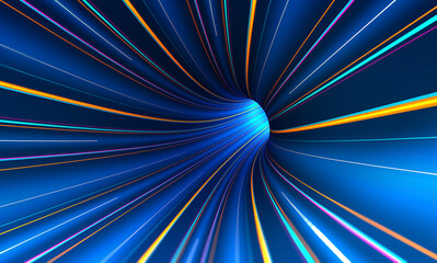Speed of light and space travel. Flow rate, data transfer, cyber portal 3D illustration. Hyper loop, wormhole, space and time. Black hole, vortex hyperspace tunnel