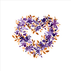 Simple postcards with purple and orange watercolor hearts, flowers and leaves on a white background.