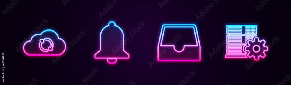 Poster set line cloud sync refresh, ringing bell, social media inbox and server setting. glowing neon icon.