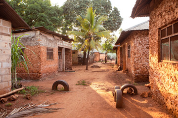 View on african village with palm. Street full of light, vibrant red soil and red color of buildings. Huts along the street. Traditional architecture, Tanzania countryside.