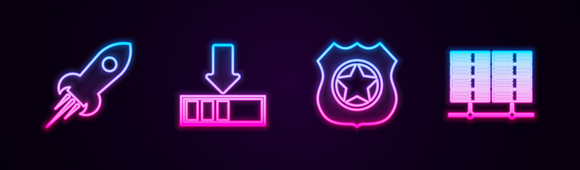 Set line Rocket ship with fire, Loading, Police badge and Server, Data, Web Hosting. Glowing neon icon. Vector