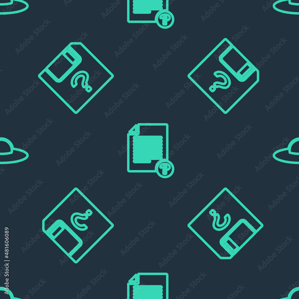 Poster set line unknown document, and ufo flying spaceship on seamless pattern. vector